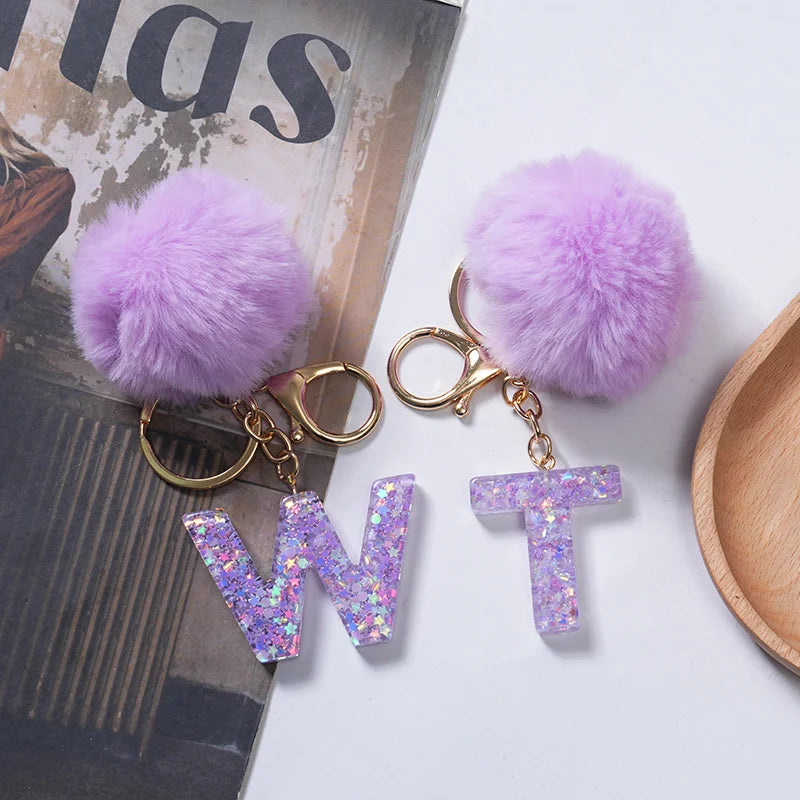 A-Z 26 Alphabet Letter keychain resin star sequin key ring cute purple plush ball keychain women's bag pendant fashion gift