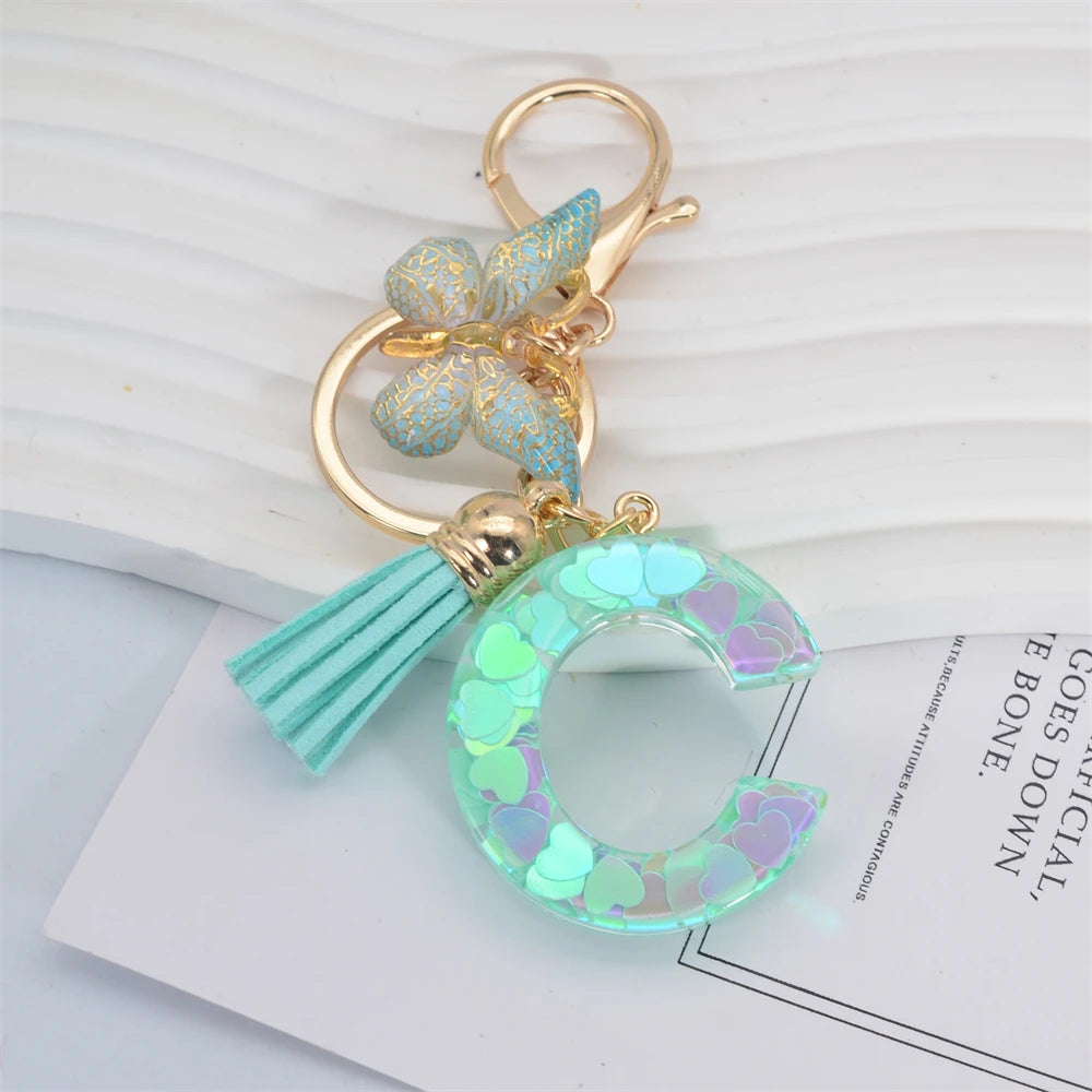 Fashion Green Tassel Butterfly 26Letter Keychain Heart-shaped Sequin Filled Resin Alphabet Keyring for Women Car Handbag Pendant