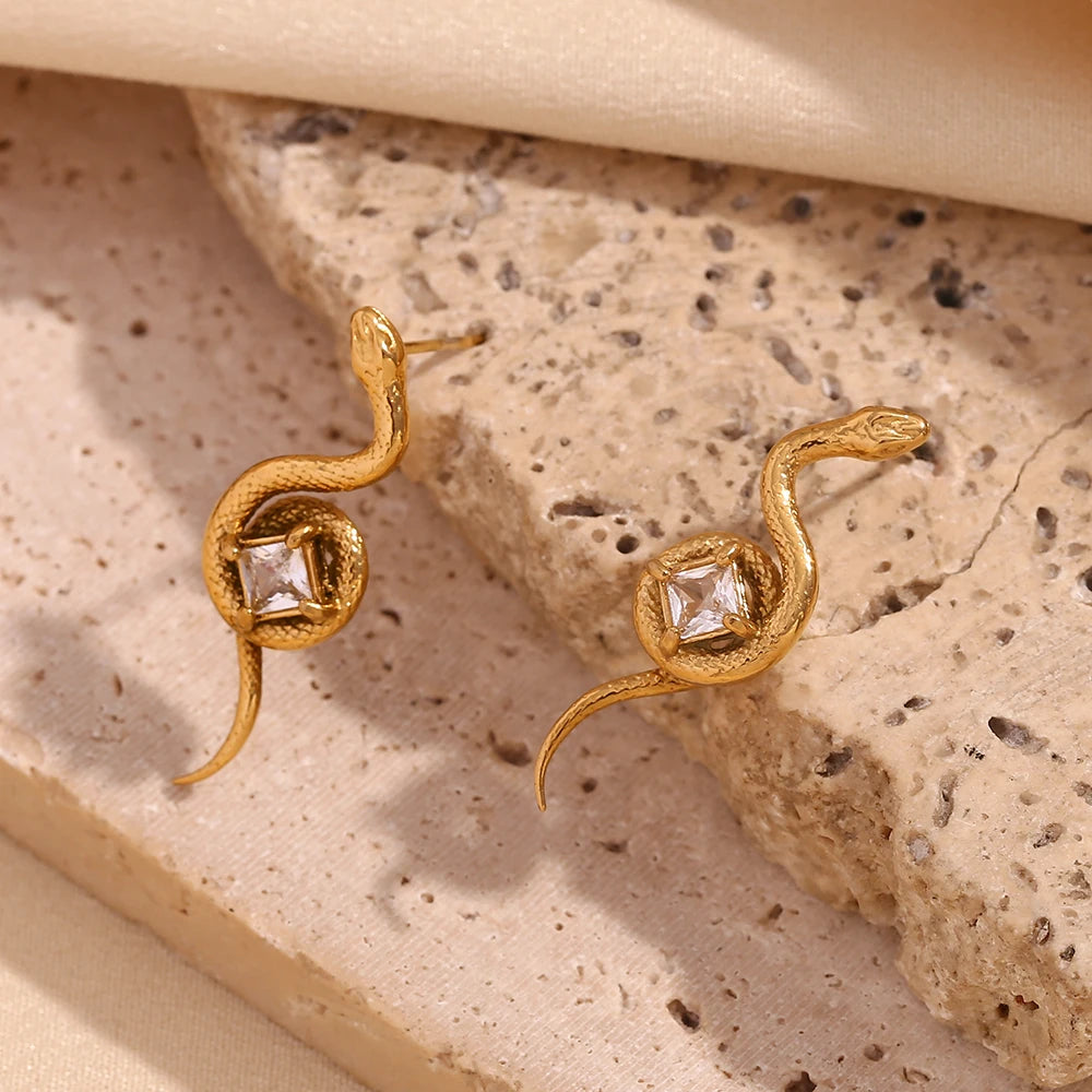 E.B.belle Square Zirconium Plate Snake Shaped Ring 316L Stainless Steel Accessories 18K Gold Plated Decoration