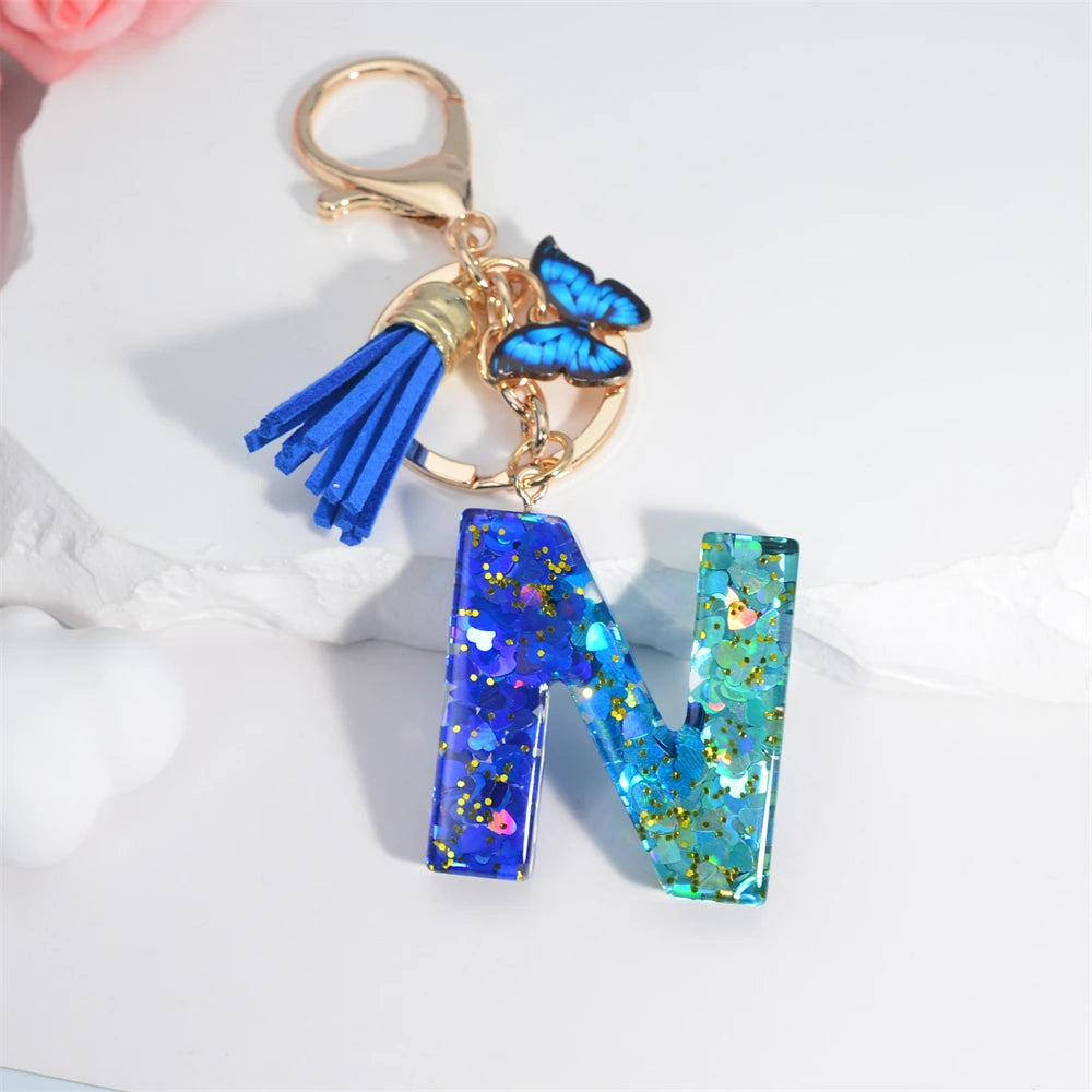 26 English Alphabet Letter Tassels Keychain Crystal Acrylic Butterfly Pendent Key Chain Women Gift Fashion Jewelry Accessories