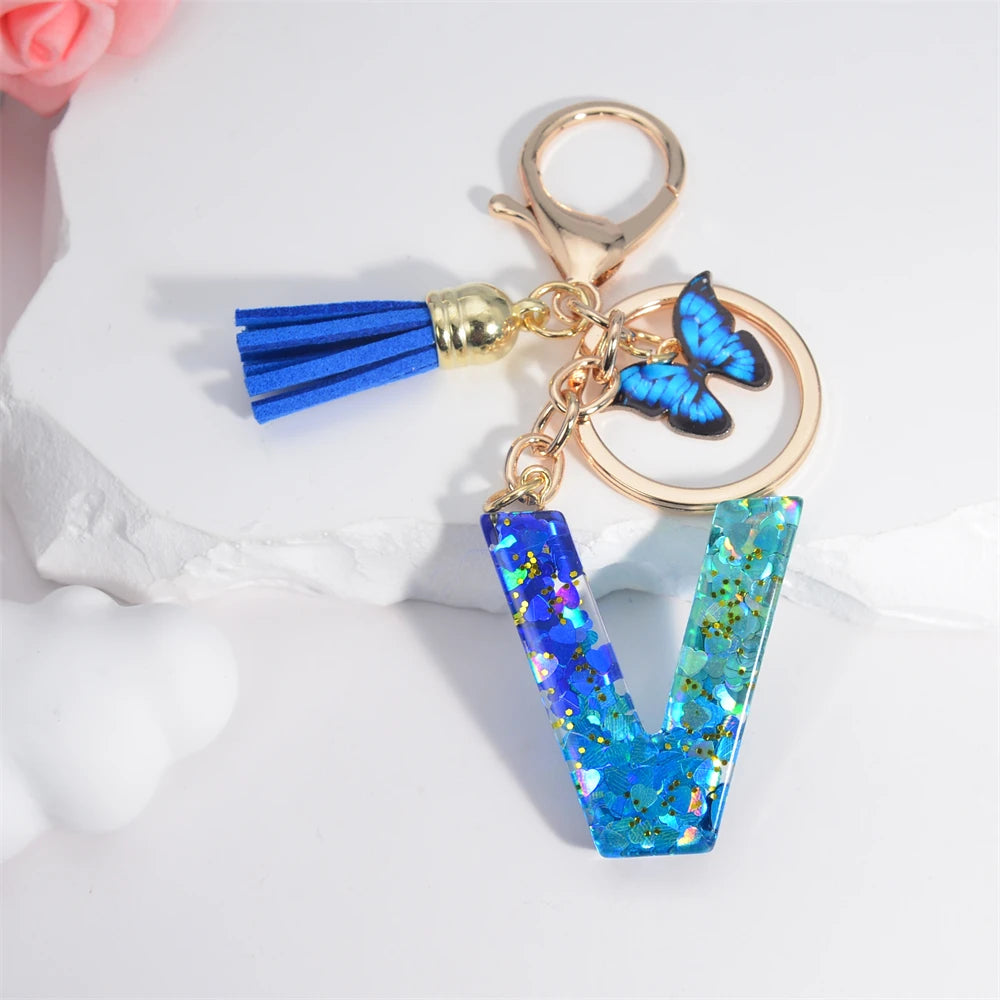26 English Alphabet Letter Tassels Keychain Crystal Acrylic Butterfly Pendent Key Chain Women Gift Fashion Jewelry Accessories