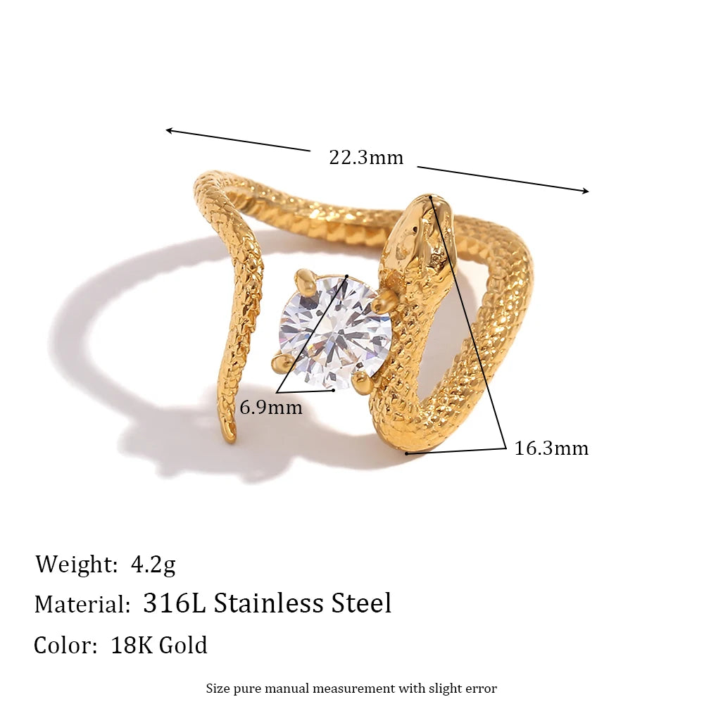 E.B.belle Square Zirconium Plate Snake Shaped Ring 316L Stainless Steel Accessories 18K Gold Plated Decoration