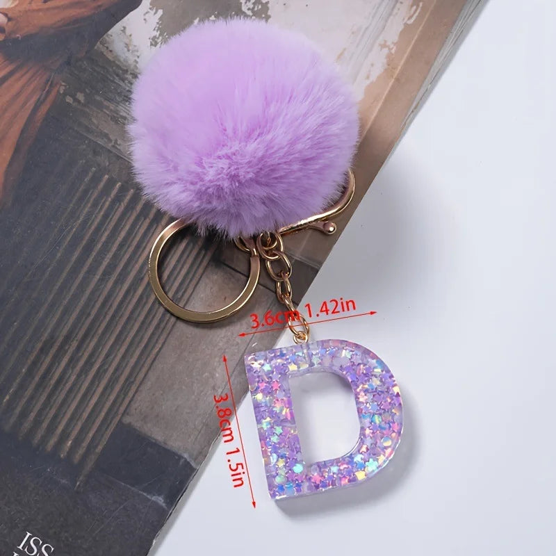A-Z 26 Alphabet Letter keychain resin star sequin key ring cute purple plush ball keychain women's bag pendant fashion gift