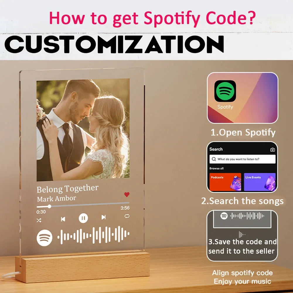 Personalised Acrylic Spotify Music Photo Plaque with LED Night Light Custom Mothers Day Gift Photo frames Custom Couple Gift