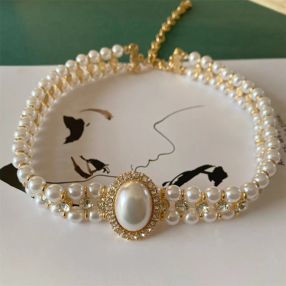 Women Elegant Pearl Double Layers Necklace Earrings Exquisite Vintage Classic Chains For Lady Party Wedding Retro Jewelry Choker