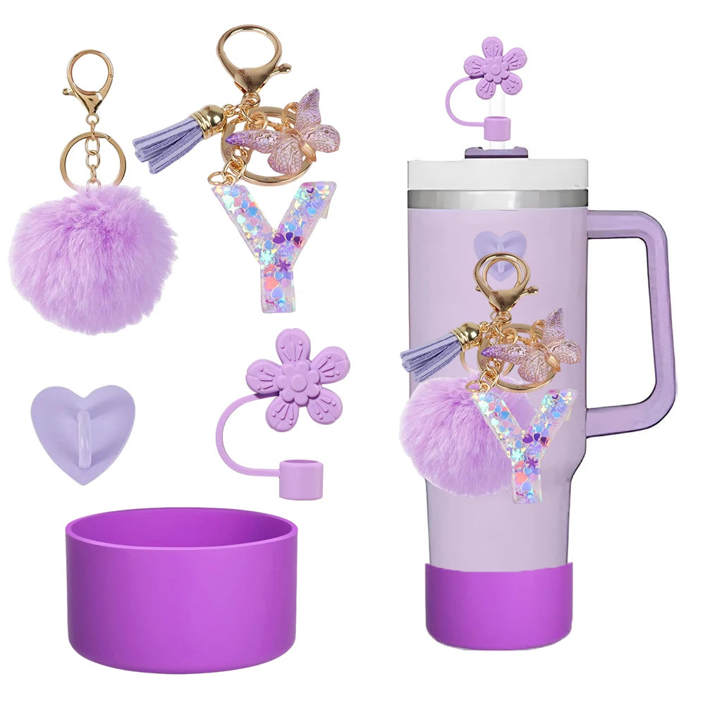 5pcs Accessories Set For Stanley Tumbler with Handle Resin Alphabet Initial Letter Keychain Keyring for Women Purse Handbags