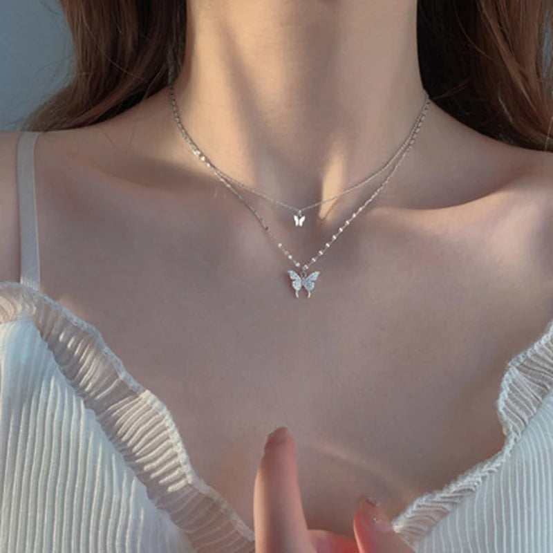 New 925 Sterling Silver Shiny Butterfly Pendent Necklace Women Exquisite Double Layer Clavicle Chain Necklace Jewelry Gift