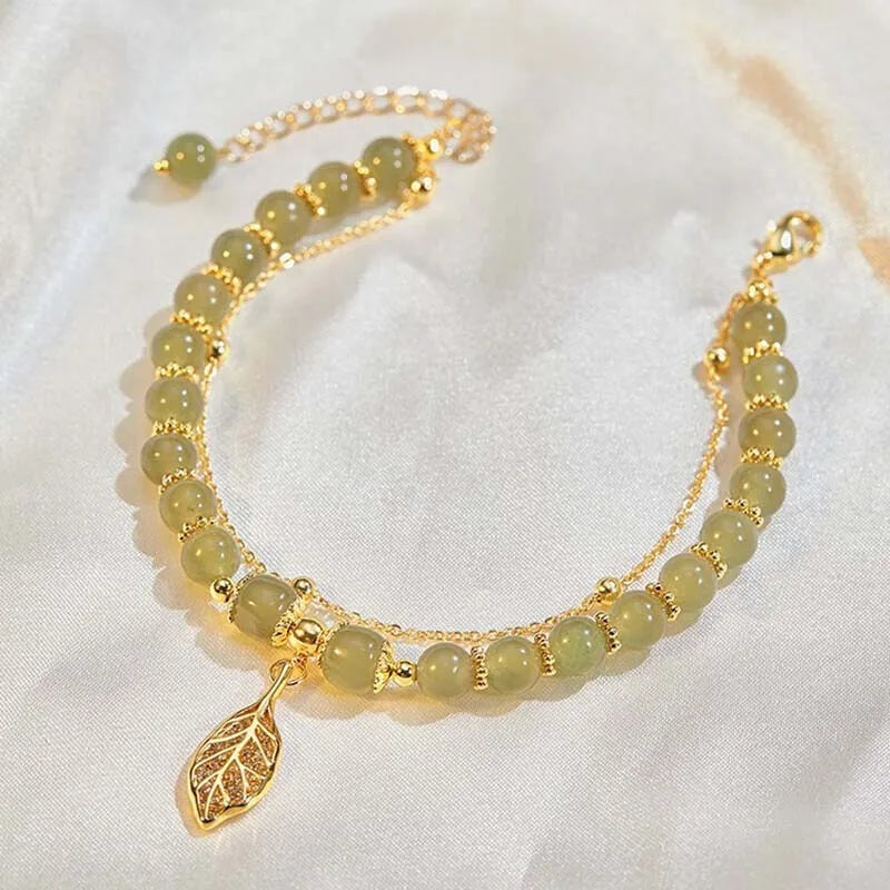 Chinese Style Green Hetian Jade Bracelet For Women Vintage Gold Color Leaves Double Layer Beaded Bracelet Jewelry Gifts