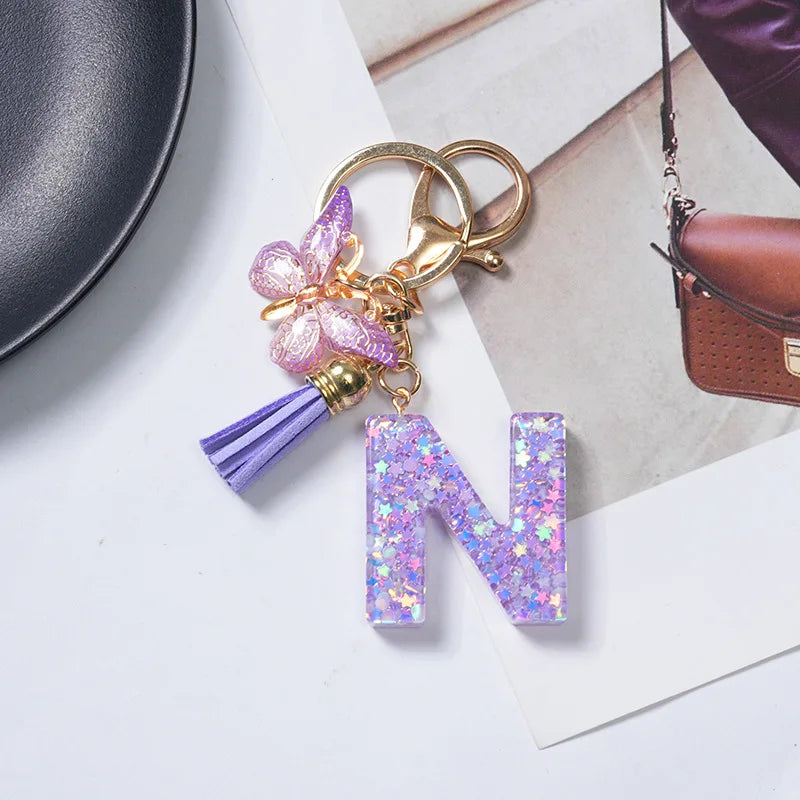 A To Z Purple Stars Filled Letter Keychain 26 Initials Alphabet Butterfly Tassel Charms Keyrings Bag Ornament Car Trinket Gift