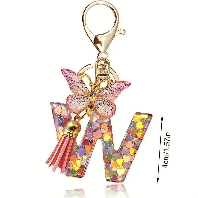 A-Z Dreamy Sequin Letters Keychain for Women Tassel Butterfly Pendant Initial Keyring Purse Suspension Bags Charms Car Key Chain