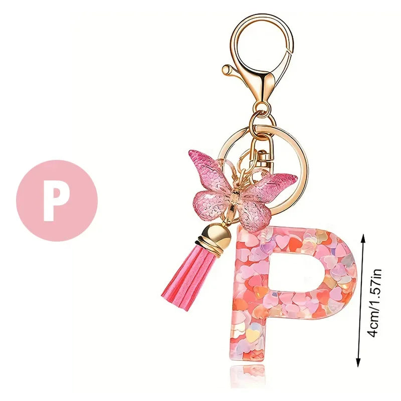 A-Z Dreamy Sequin Letters Keychain for Women Tassel Butterfly Pendant Initial Keyring Purse Suspension Bags Charms Car Key Chain