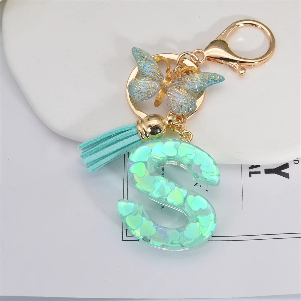 Fashion Green Tassel Butterfly 26Letter Keychain Heart-shaped Sequin Filled Resin Alphabet Keyring for Women Car Handbag Pendant