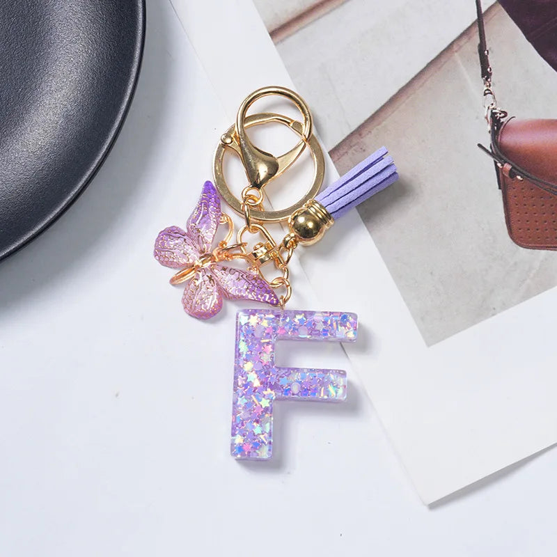 A To Z Purple Stars Filled Letter Keychain 26 Initials Alphabet Butterfly Tassel Charms Keyrings Bag Ornament Car Trinket Gift