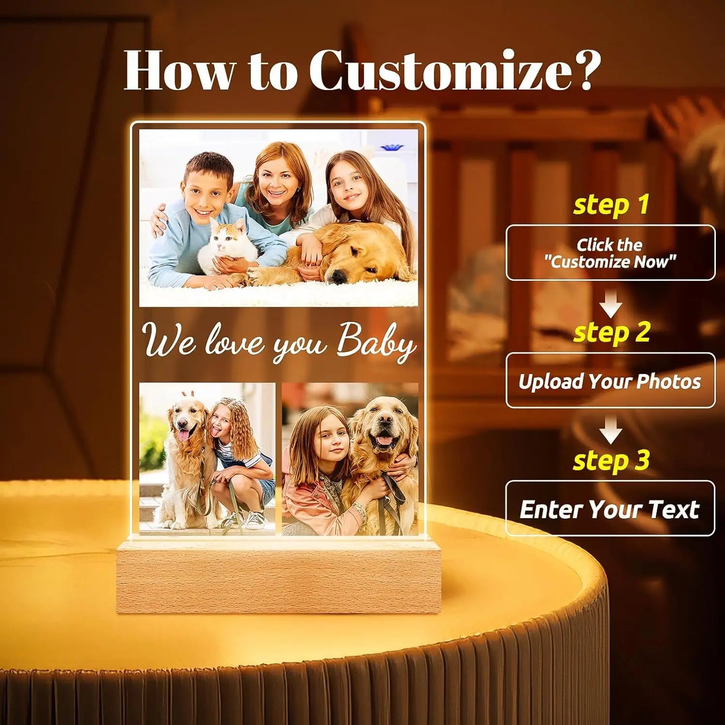 Custom Acrylic Plaque Christmas Birthday Gifts for Mom Personalized Photo Frame with Night Light Best Dad Ever Family Xmas Gifts