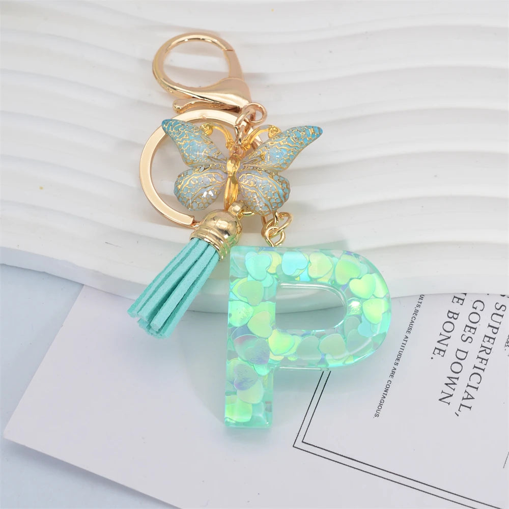 Fashion Green Tassel Butterfly 26Letter Keychain Heart-shaped Sequin Filled Resin Alphabet Keyring for Women Car Handbag Pendant