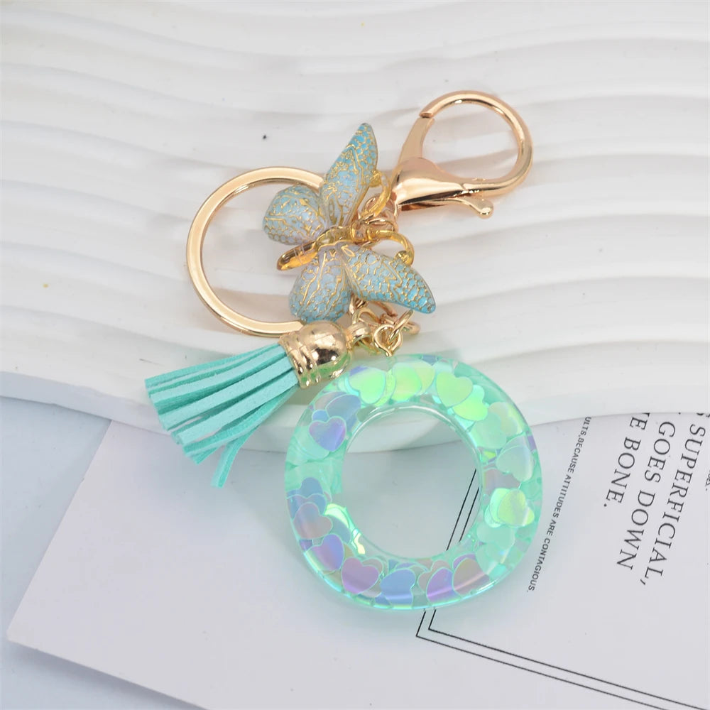 Fashion Green Tassel Butterfly 26Letter Keychain Heart-shaped Sequin Filled Resin Alphabet Keyring for Women Car Handbag Pendant