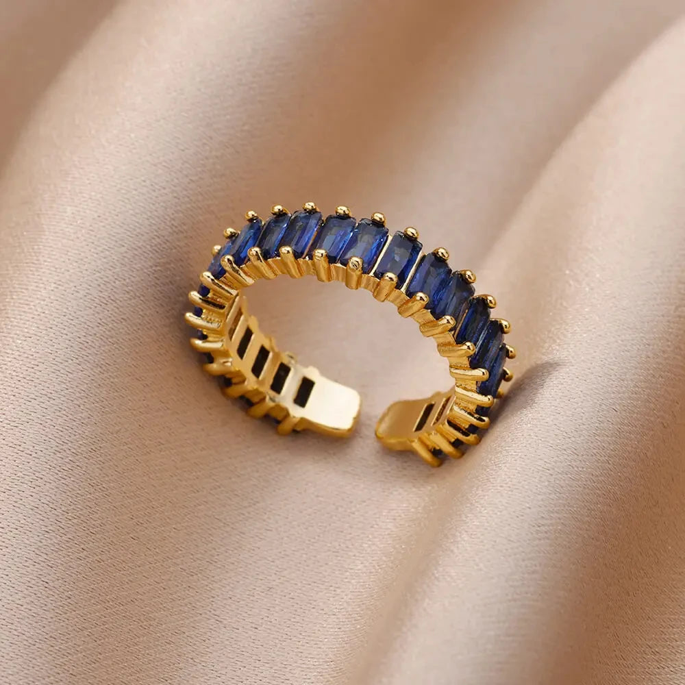 Colorful Cubic Zircon Ring for Women Stainless Steel Gold Color Open Ring Vintage Boho Wedding Party Jewelry Gift Accessories