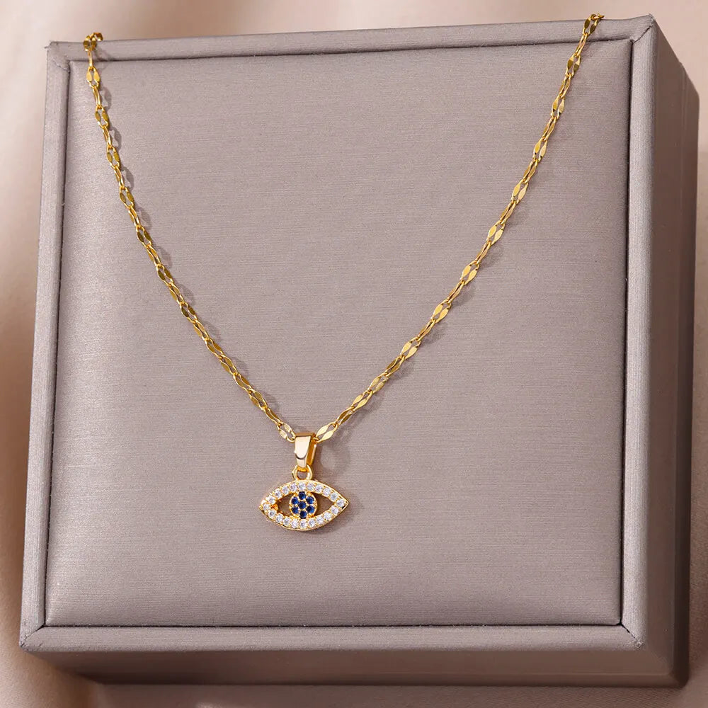 Trend Zircon Devil's Eye Pendant Necklace For Women Gold Color Stainless Steel Double Layer Lip Chain Choker Jewelry Wholesale