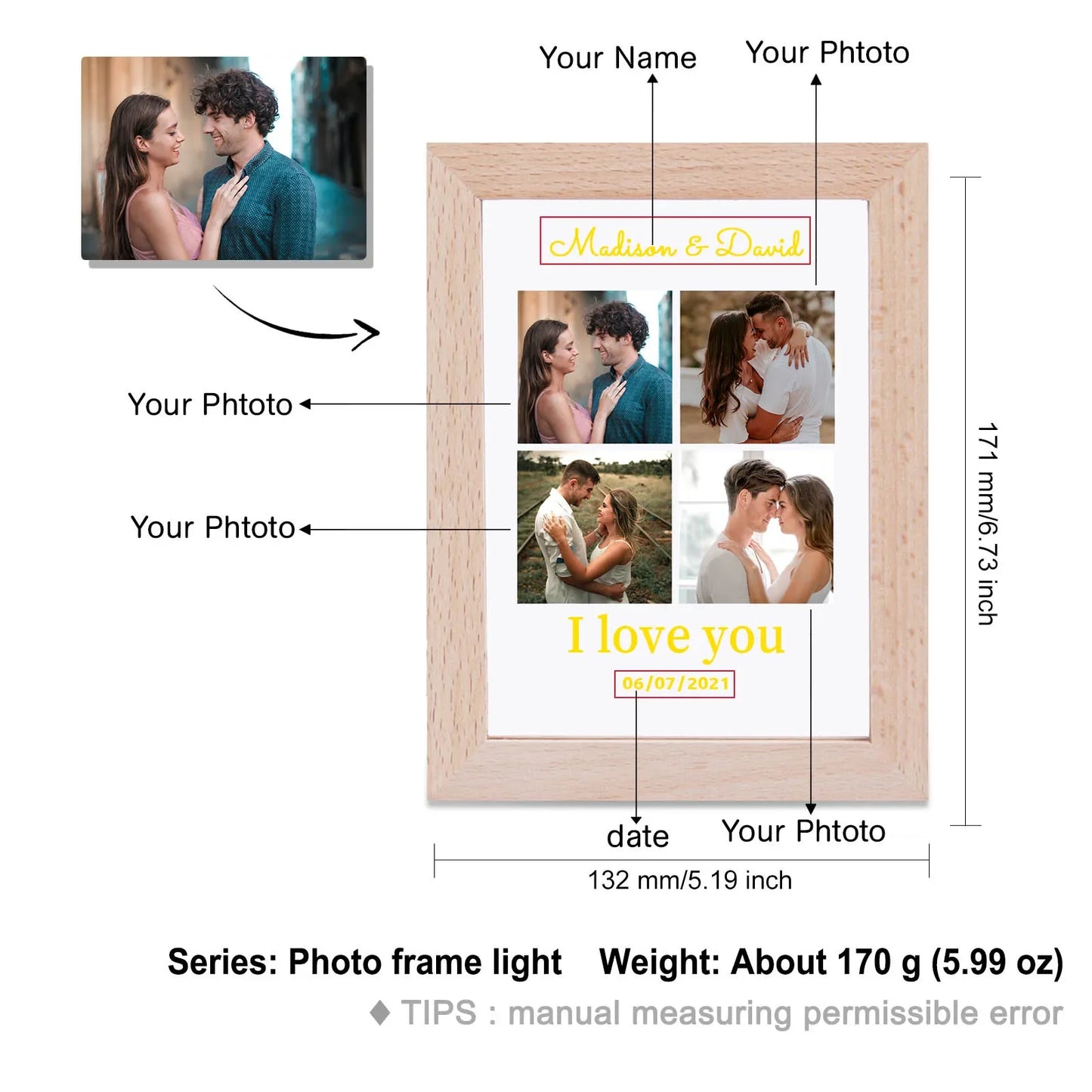 Personalized Lovers Photo Frame Night--Light Custom Photos Acrylic LED Lamp USB Powered Couple Anniversary Valentine's Day Gifts
