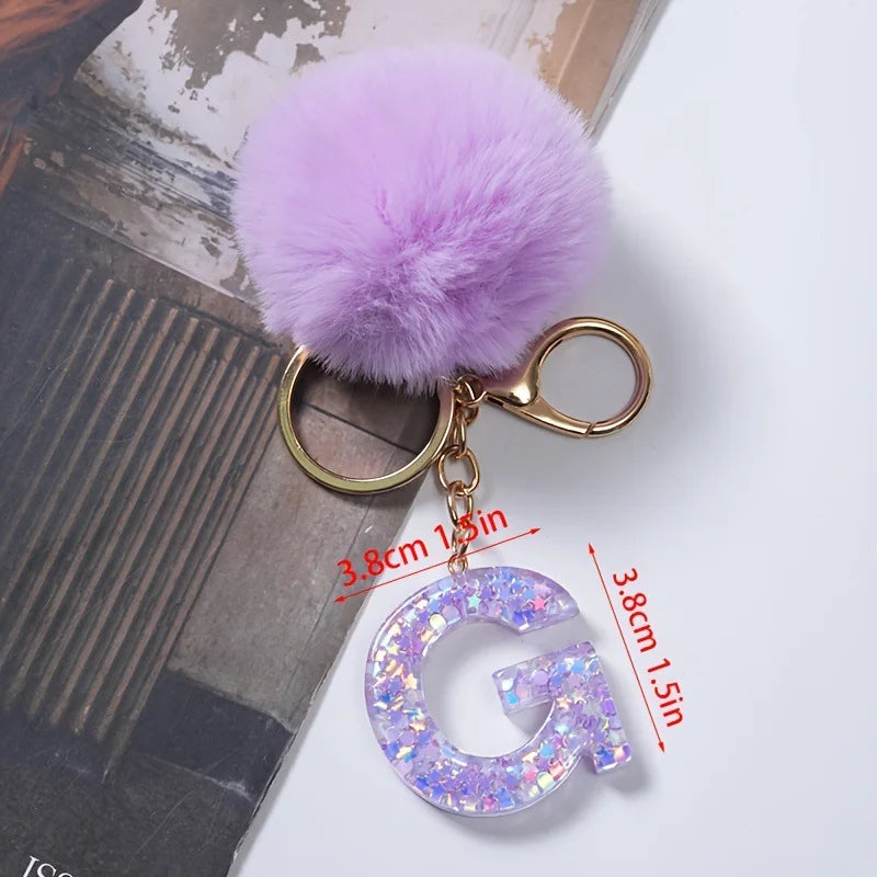 A-Z 26 Alphabet Letter keychain resin star sequin key ring cute purple plush ball keychain women's bag pendant fashion gift