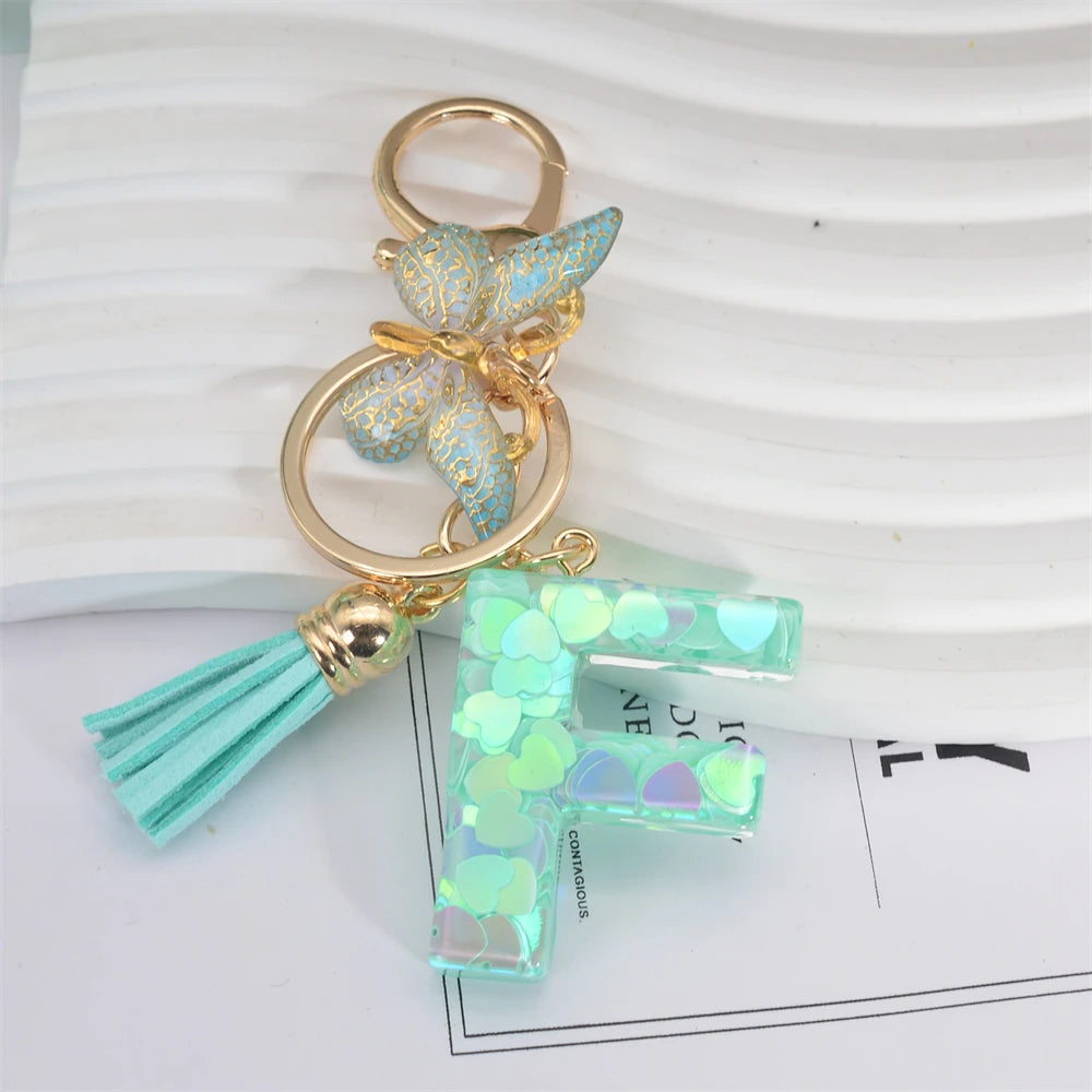 Fashion Green Tassel Butterfly 26Letter Keychain Heart-shaped Sequin Filled Resin Alphabet Keyring for Women Car Handbag Pendant