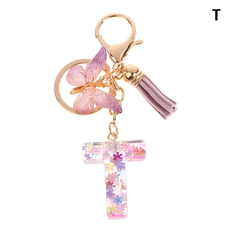 A-Z Dreamy Sequin Letters Keychain For Women Tassel Butterfly Pendant Initial Keyring Purse Suspension Bags Charms Car Key Chain