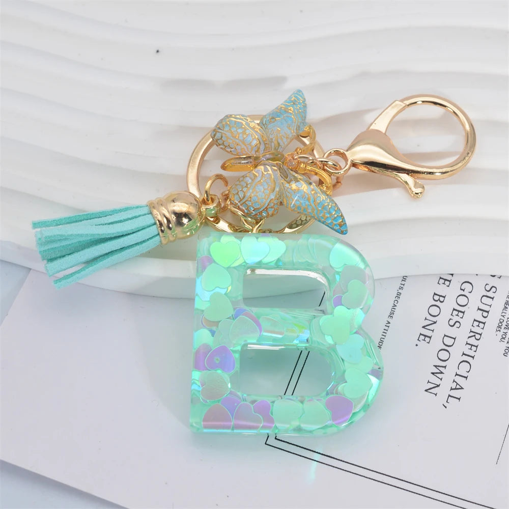Fashion Green Tassel Butterfly 26Letter Keychain Heart-shaped Sequin Filled Resin Alphabet Keyring for Women Car Handbag Pendant