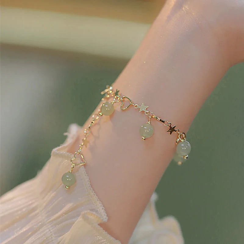 Chinese Style Green Hetian Jade Bracelet For Women Vintage Gold Color Leaves Double Layer Beaded Bracelet Jewelry Gifts