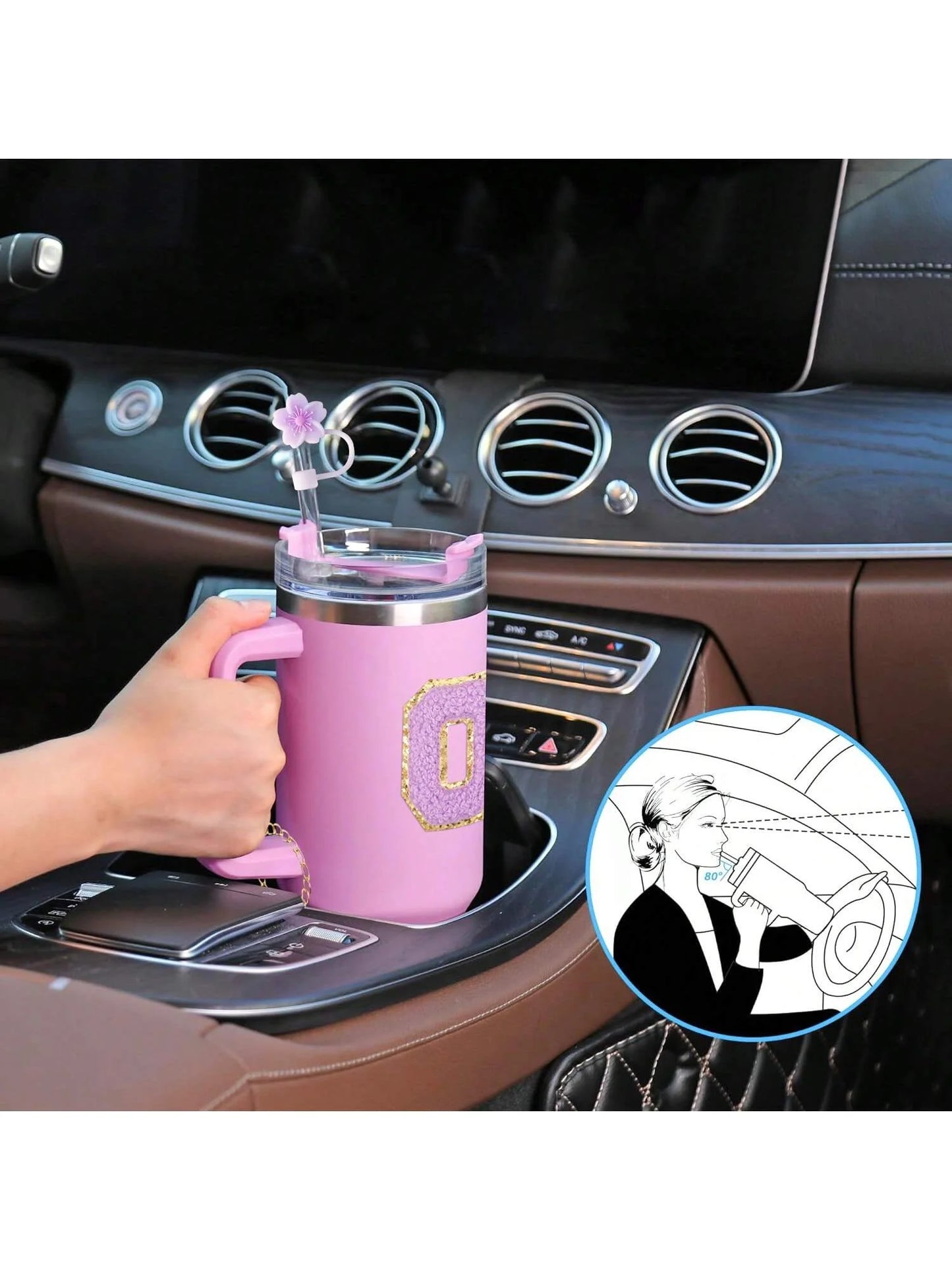 4Pcs Set for Stanley Cup Accessories, Including Initial Silicone Straw Lid, Name ID Letter,Selfadhesive Lette,Cup Sleeve(purper)