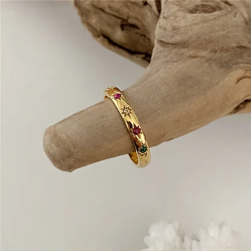 2PCS/Set Stainless Steel Rainbow Color Cubic Zircon Stone Finger Rings for Women INS Gold Color Waterproof Stars Ring Jewelry