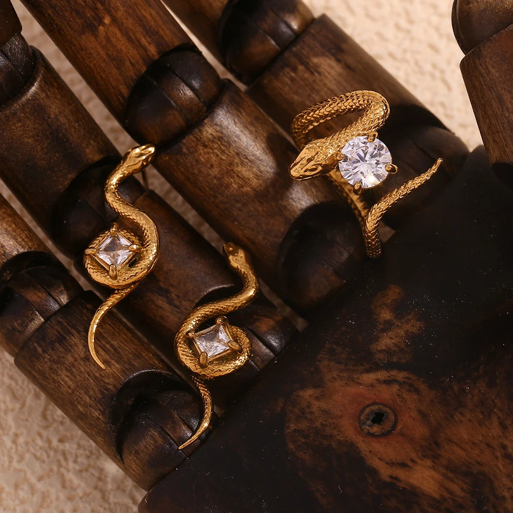 E.B.belle Square Zirconium Plate Snake Shaped Ring 316L Stainless Steel Accessories 18K Gold Plated Decoration
