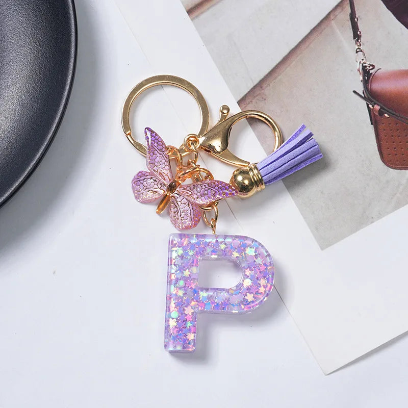 A To Z Purple Stars Filled Letter Keychain 26 Initials Alphabet Butterfly Tassel Charms Keyrings Bag Ornament Car Trinket Gift