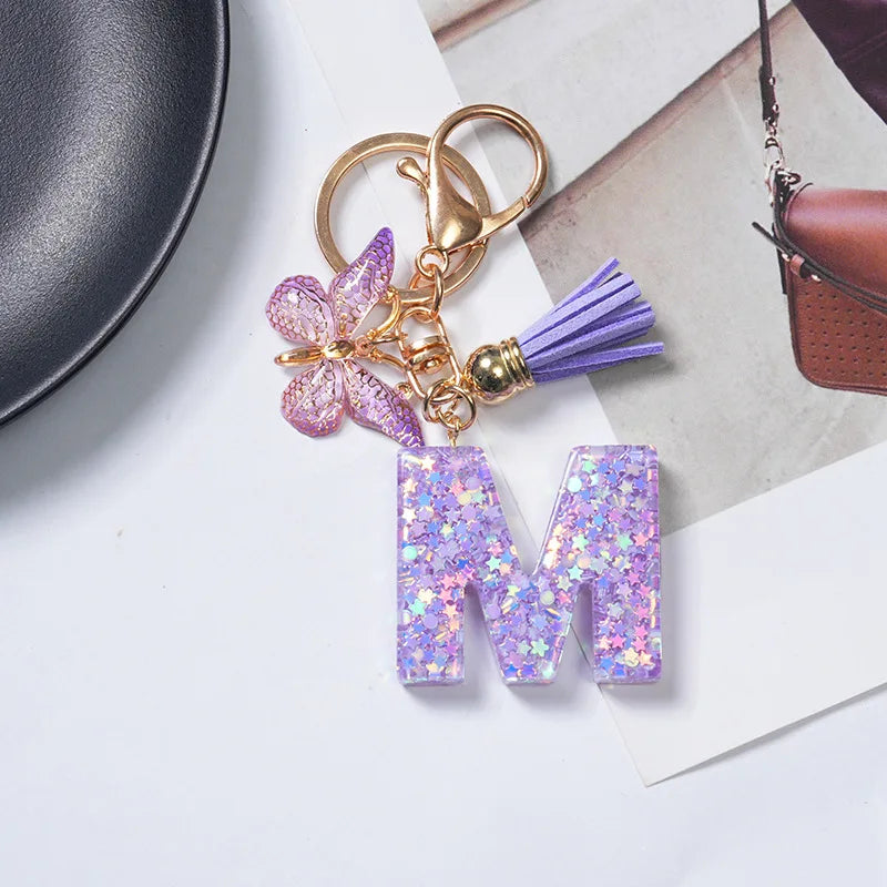 A To Z Purple Stars Filled Letter Keychain 26 Initials Alphabet Butterfly Tassel Charms Keyrings Bag Ornament Car Trinket Gift