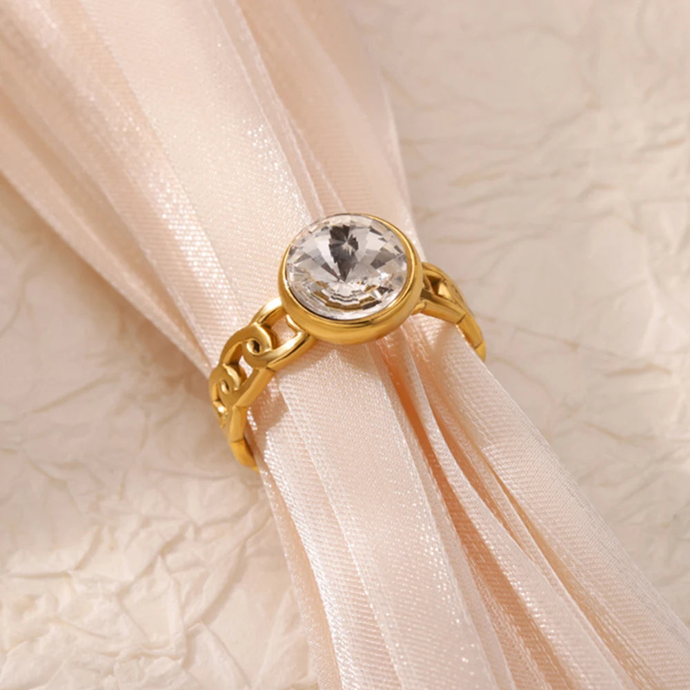 Geometric Round Zircon Rings for Women Stainless Steel Gold Color Lock Chain Ring Aesthetic Wedding Jewelry Gift for Valentine's