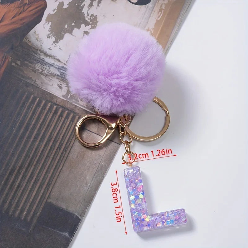 A-Z 26 Alphabet Letter keychain resin star sequin key ring cute purple plush ball keychain women's bag pendant fashion gift