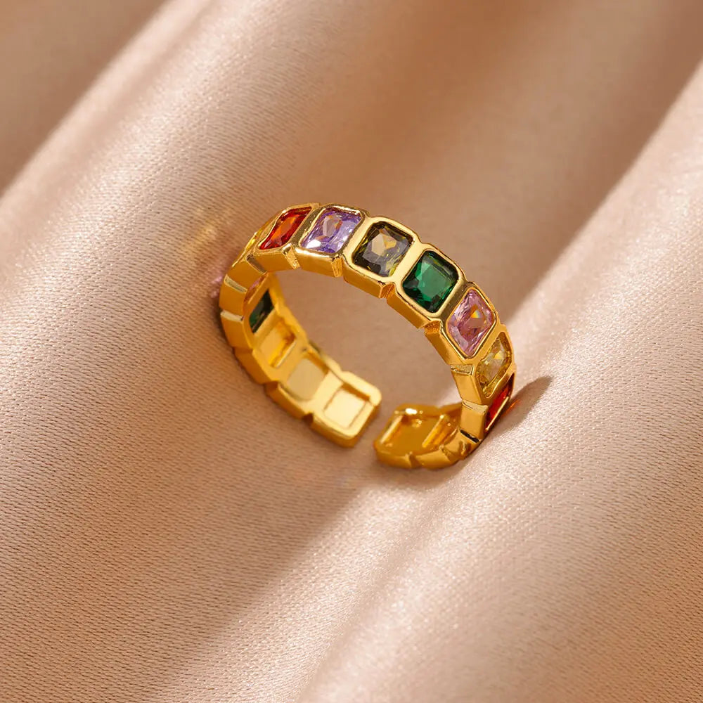Colorful Cubic Zircon Ring for Women Stainless Steel Gold Color Open Ring Vintage Boho Wedding Party Jewelry Gift Accessories