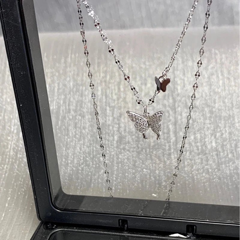 New 925 Sterling Silver Shiny Butterfly Pendent Necklace Women Exquisite Double Layer Clavicle Chain Necklace Jewelry Gift