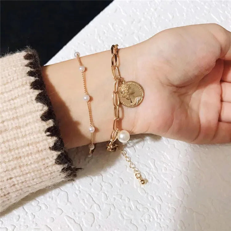 Simple Elegant Imitation Pearl Bracelets Gold Color Beads Chain for Womens Goth Chain Bracelet Bangles Trend Jewelry Gift
