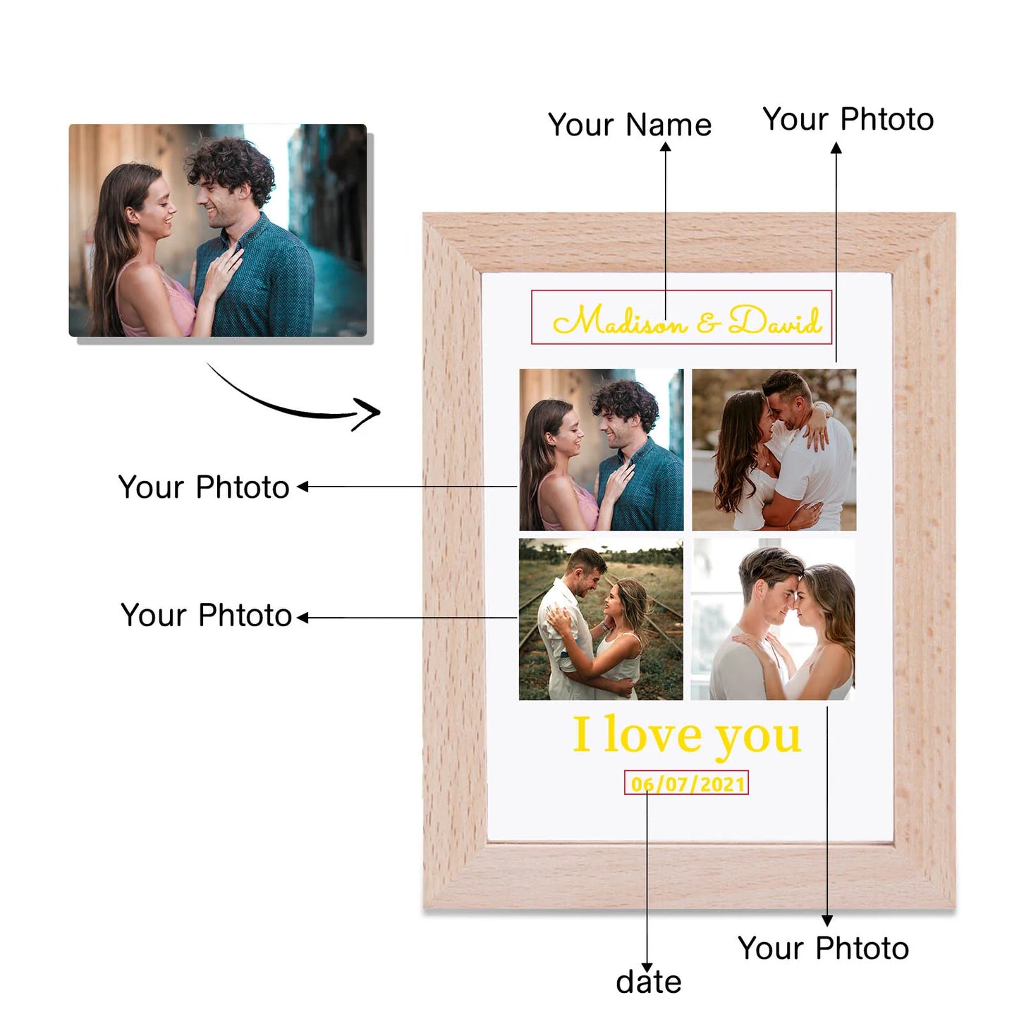 Personalized Lovers Photo Frame Night--Light Custom Photos Acrylic LED Lamp USB Powered Couple Anniversary Valentine's Day Gifts