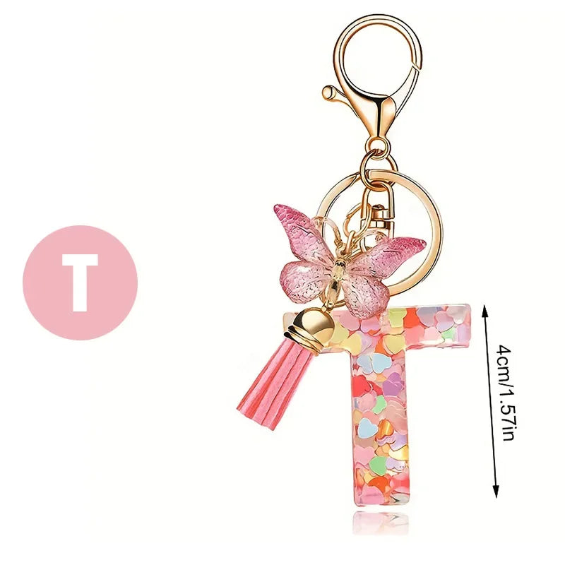 A-Z Dreamy Sequin Letters Keychain for Women Tassel Butterfly Pendant Initial Keyring Purse Suspension Bags Charms Car Key Chain
