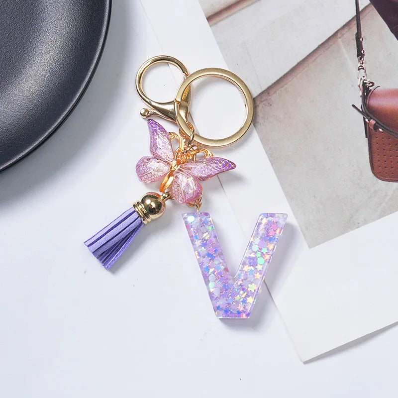 A To Z Purple Stars Filled Letter Keychain 26 Initials Alphabet Butterfly Tassel Charms Keyrings Bag Ornament Car Trinket Gift