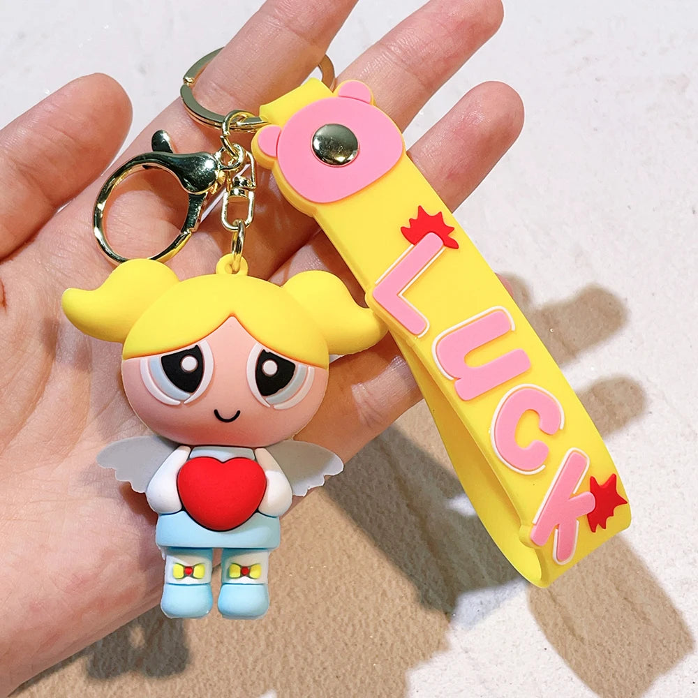 Anime Cartoon The Powerpuff Girls Keychain Cute Super Policewoman Keyring Couple School Bag Car Key Pendant Small Gift