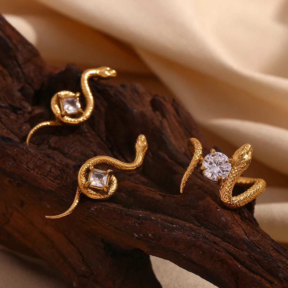 E.B.belle Square Zirconium Plate Snake Shaped Ring 316L Stainless Steel Accessories 18K Gold Plated Decoration