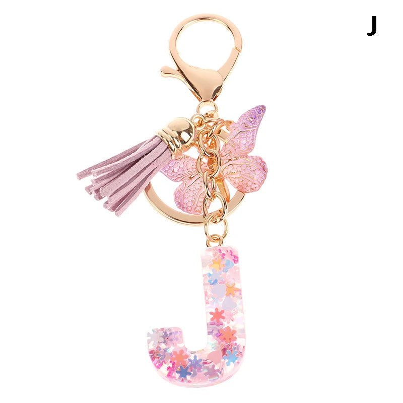 A-Z Dreamy Sequin Letters Keychain For Women Tassel Butterfly Pendant Initial Keyring Purse Suspension Bags Charms Car Key Chain