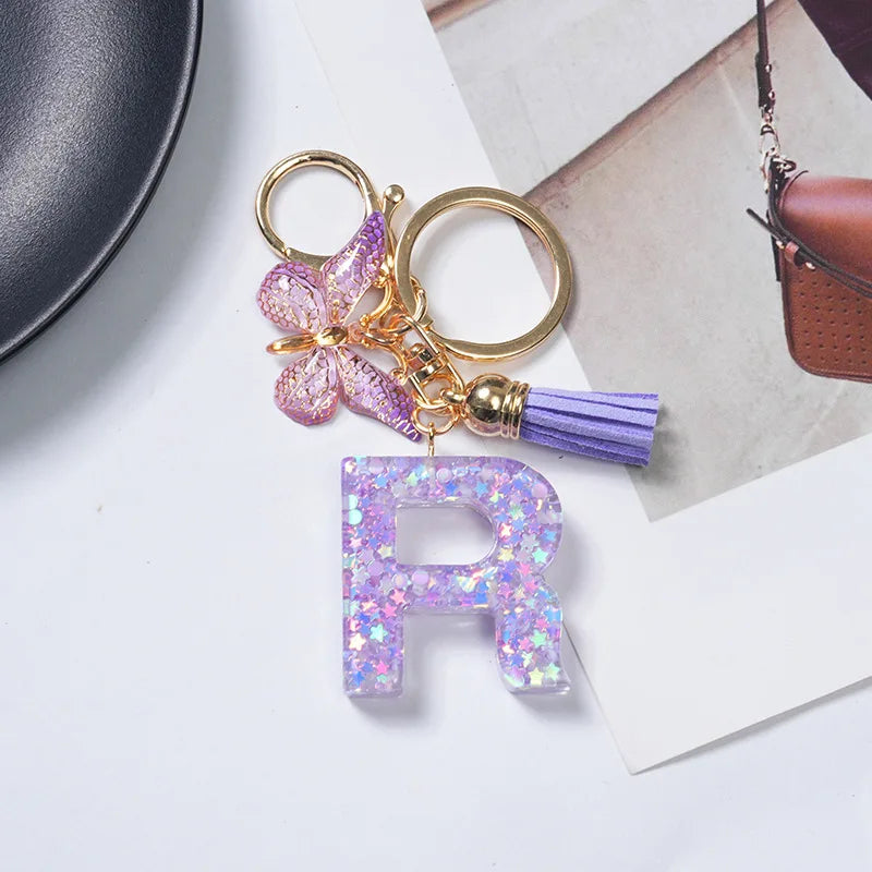 A To Z Purple Stars Filled Letter Keychain 26 Initials Alphabet Butterfly Tassel Charms Keyrings Bag Ornament Car Trinket Gift