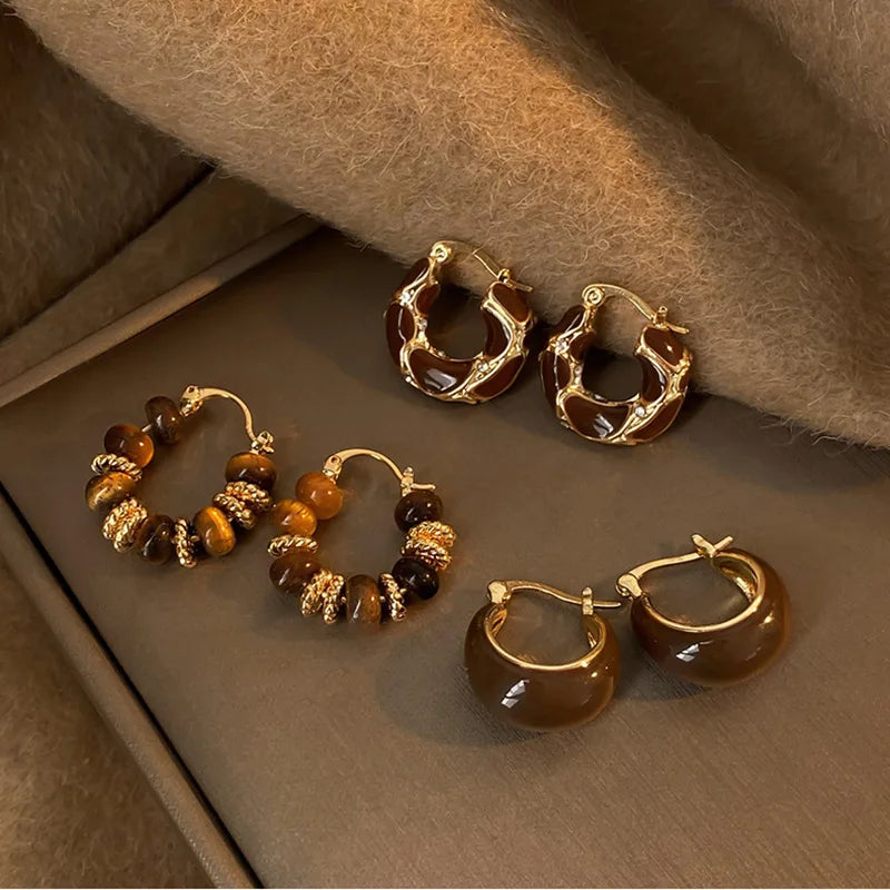 Gold Plating Dripping Coffee Color Tiger's-eye Stone Round U-shaped Hoop Earrings for Women Vintage Ear Buckles Fashion Jewelry