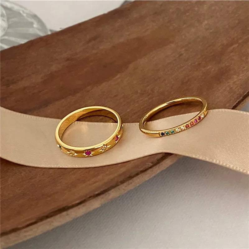 2PCS/Set Stainless Steel Rainbow Color Cubic Zircon Stone Finger Rings for Women INS Gold Color Waterproof Stars Ring Jewelry