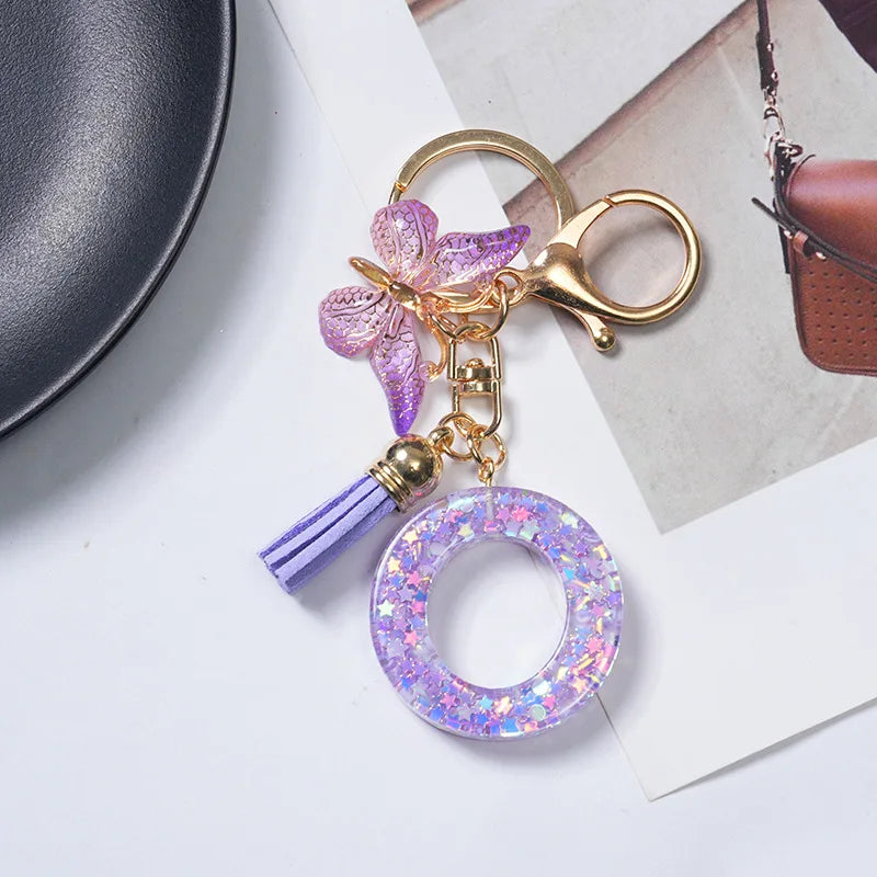 A To Z Purple Stars Filled Letter Keychain 26 Initials Alphabet Butterfly Tassel Charms Keyrings Bag Ornament Car Trinket Gift