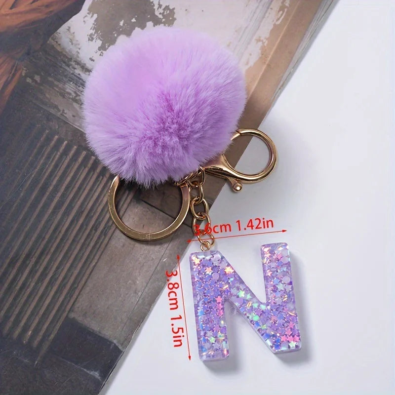 A-Z 26 Alphabet Letter keychain resin star sequin key ring cute purple plush ball keychain women's bag pendant fashion gift