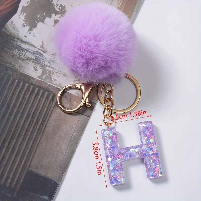 A-Z 26 Alphabet Letter keychain resin star sequin key ring cute purple plush ball keychain women's bag pendant fashion gift